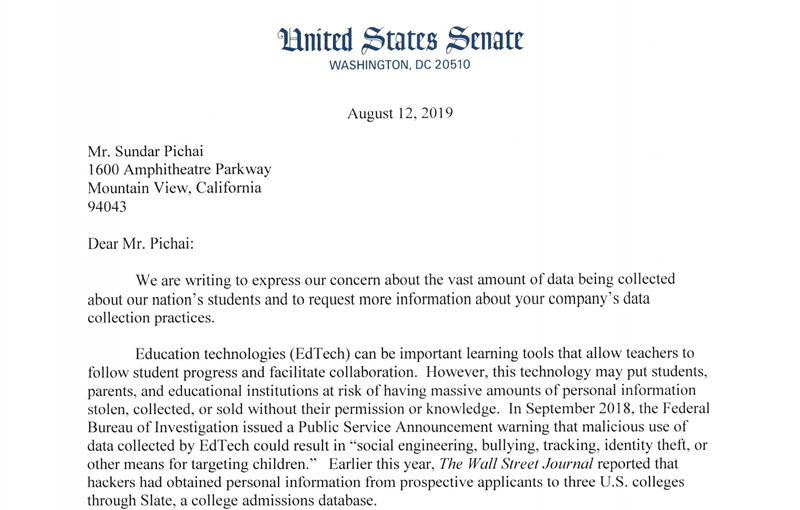 Senators Address EdTech Top Players On Student Data Collection Practices