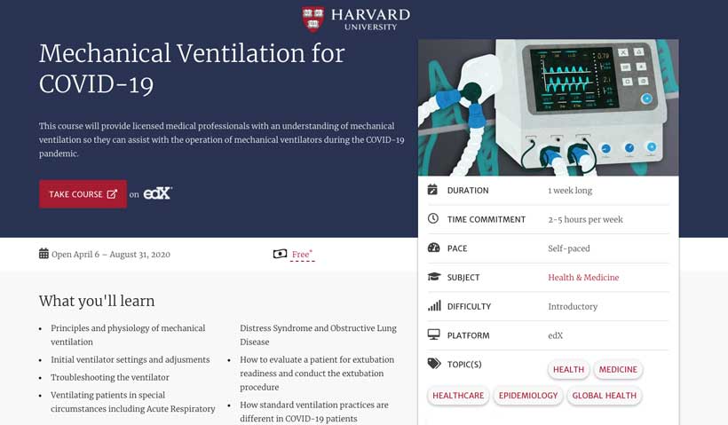 Harvard's Credit-Bearing, Free Course on Mechanical Ventilators Has Attracted 170,000 Learners in Two Weeks