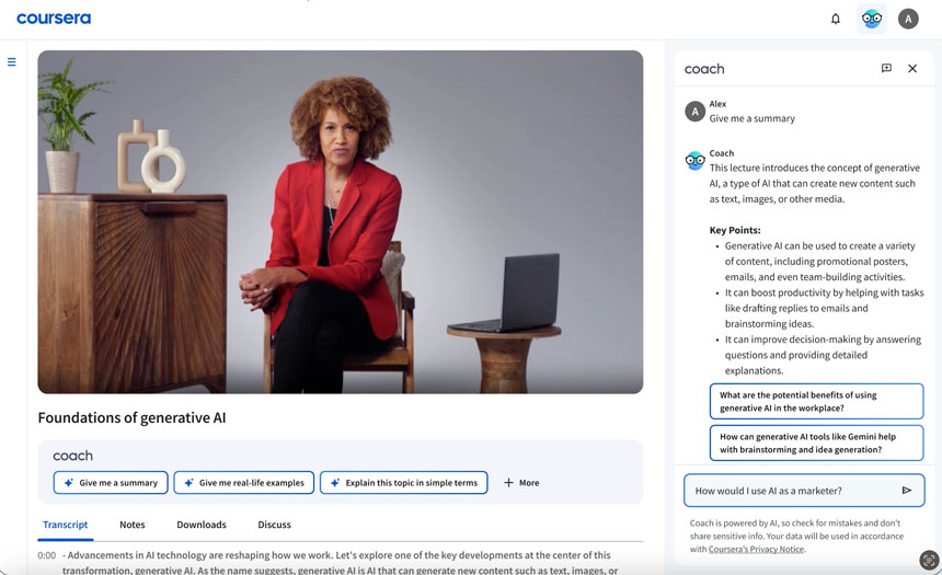Coursera Improves Its AI Assistant 'Coach' and Adds More Course Materials